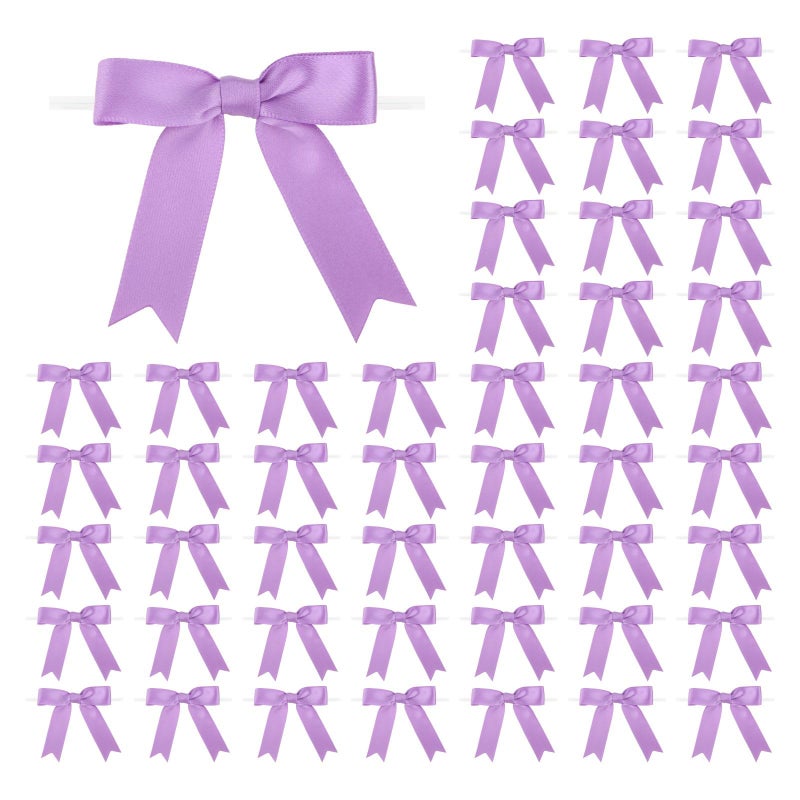 Meseey 50 Pcs 3 Inches Twist Tie Satin Ribbon Bows Grape Purple Pretied Premade Craft Bows for Treat Bags Gift Wrapping Basket Wedding Baby Shower Brithday Christmas Party (3""  Grape Purple) - Image 1